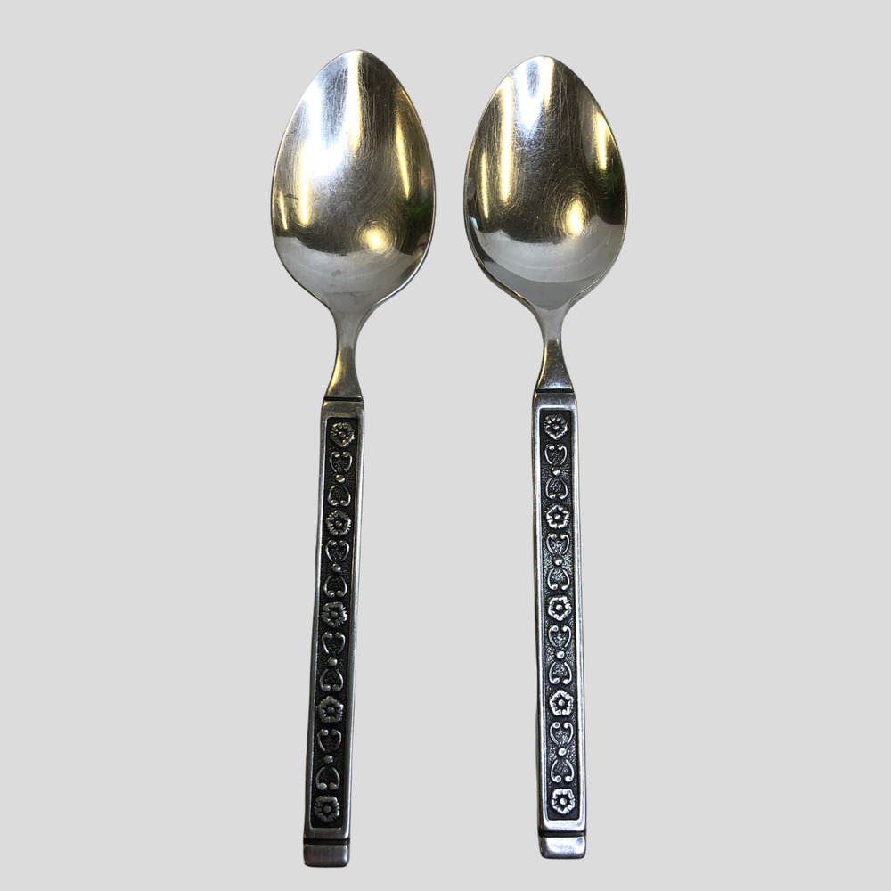 2 Gorham Hacienda Stainless Steel 1968 Black Accents Place Soup Spoons 7 1/8"